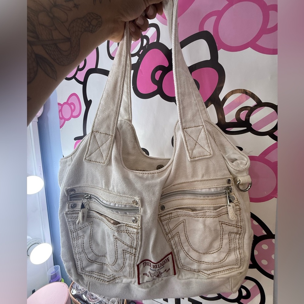 True Religion Off-White Canvas Tote with Front Zip Pockets